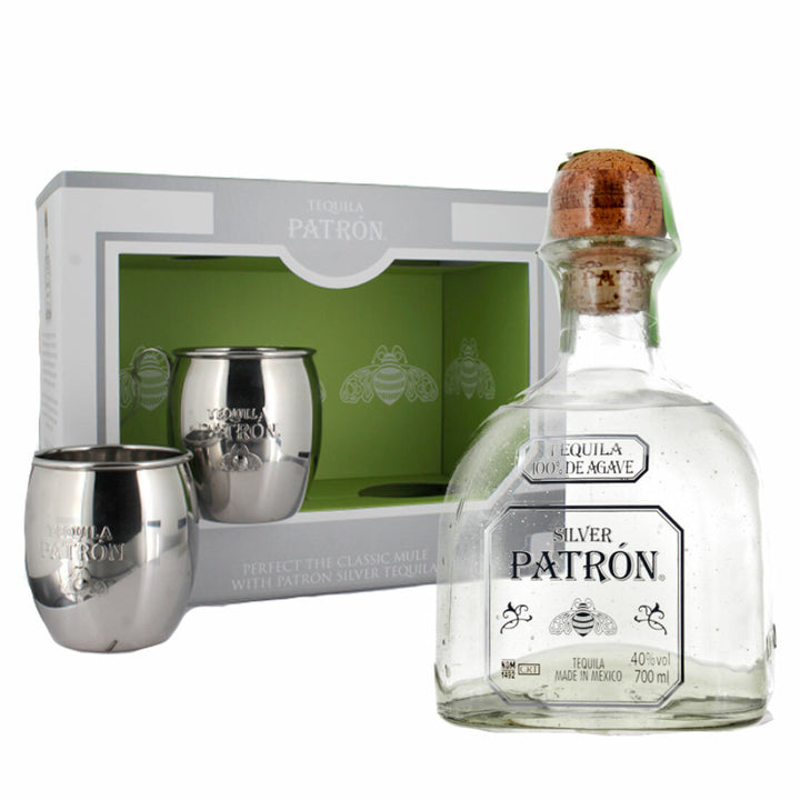 Patron Silver Premium Tequila Gift Pack with 2x Mule Mugs, 70 cl bottle
