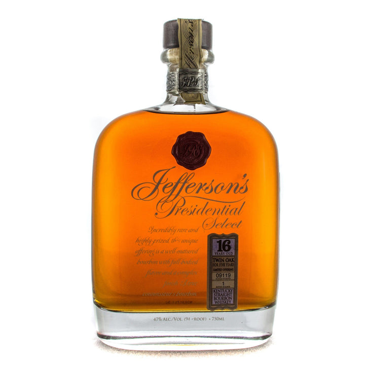Jefferson's Presidential Select 16 Year Old Twin Oak Bourbon Whiskey bottle